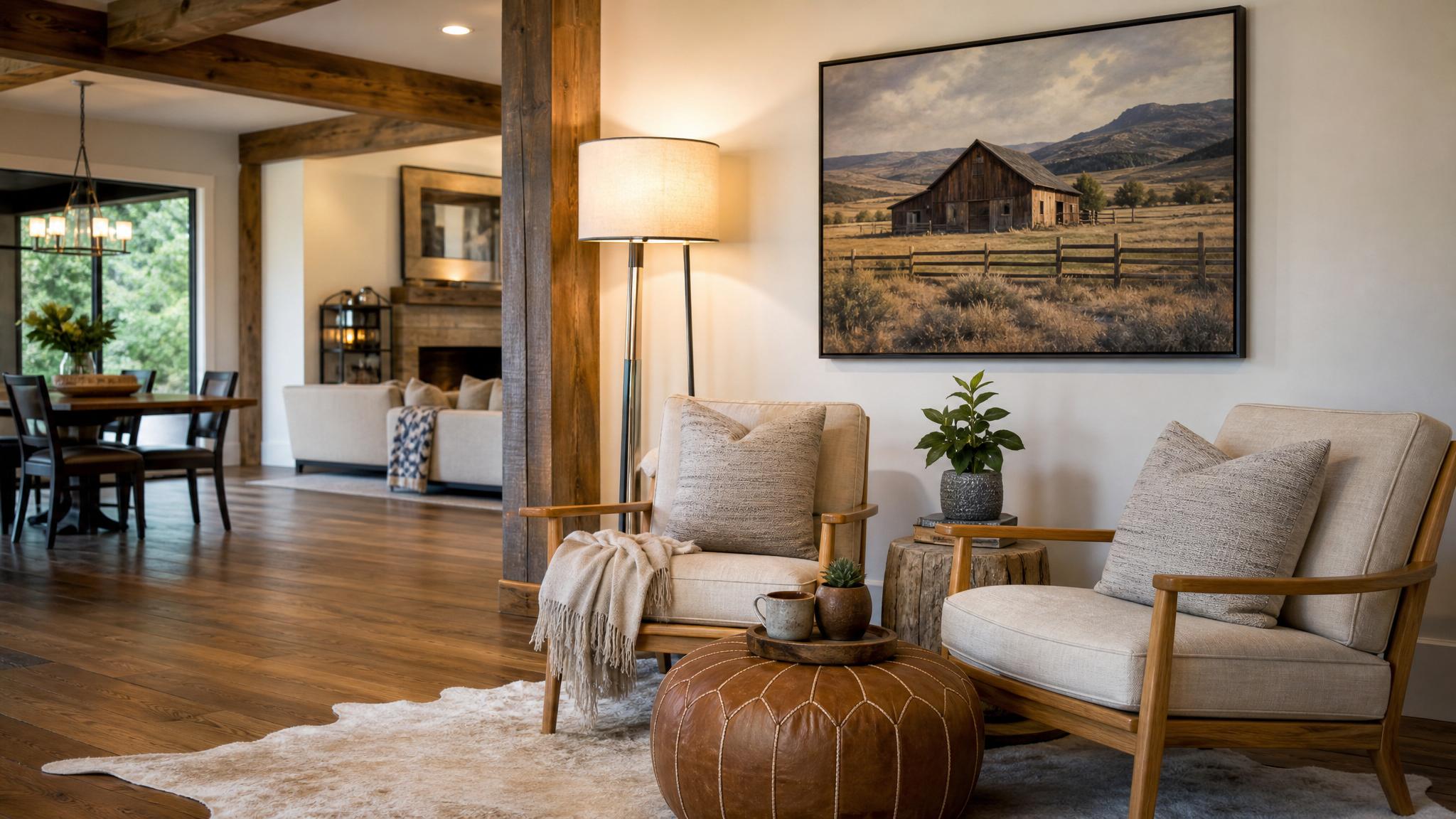Cozy corner setup in a rustic open-plan living room