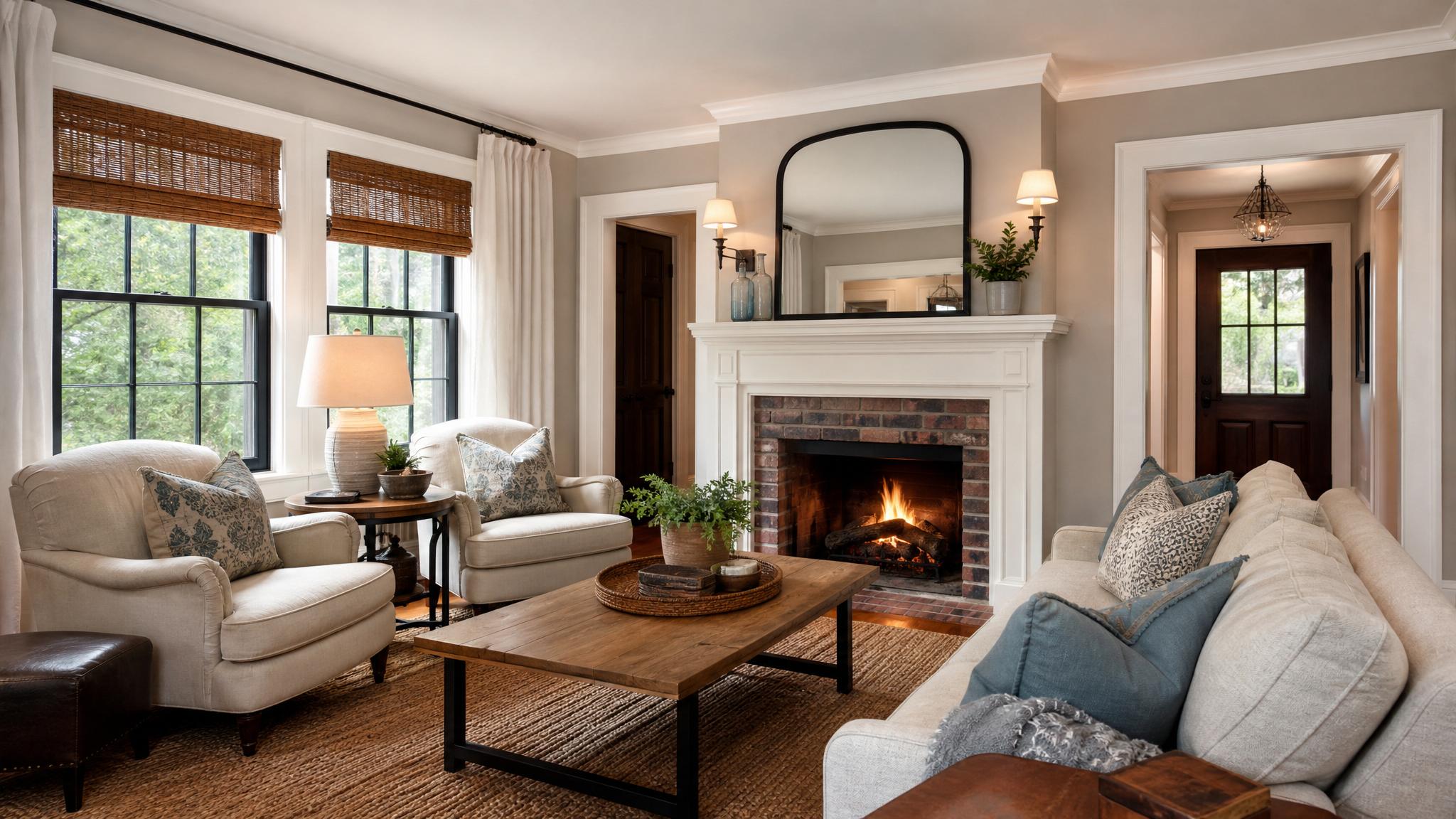 Example 1: Cozy traditional small living room with a fireplace