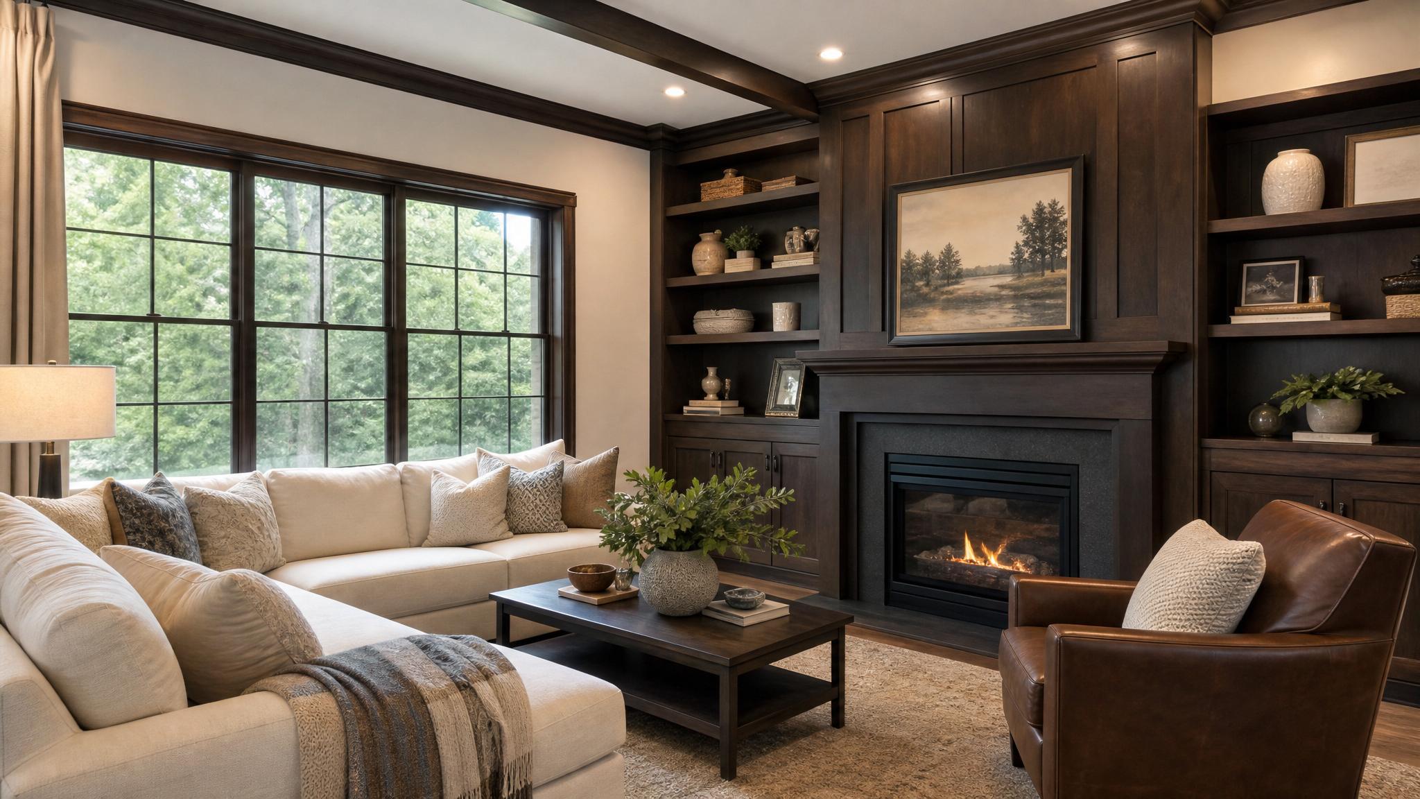 Example 3: Elegant dark wood accents in a small living room