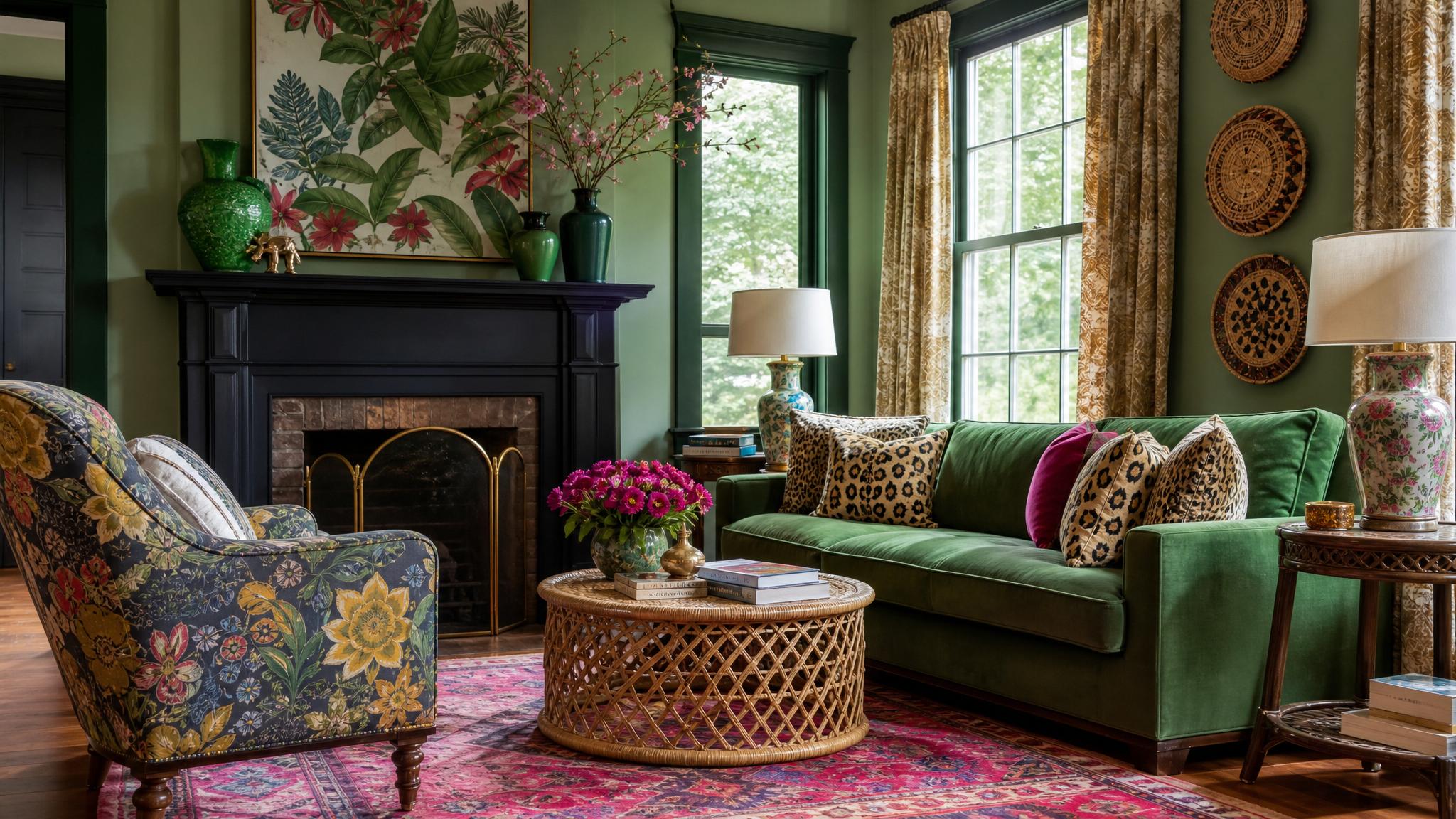 Maximalist small living room example with bold colors and patterns.