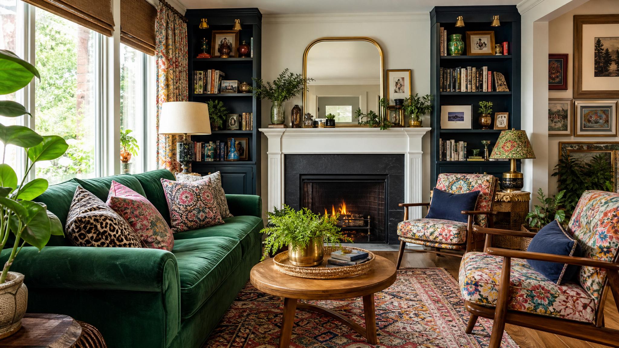 AI generated layout for a small maximalist living room.