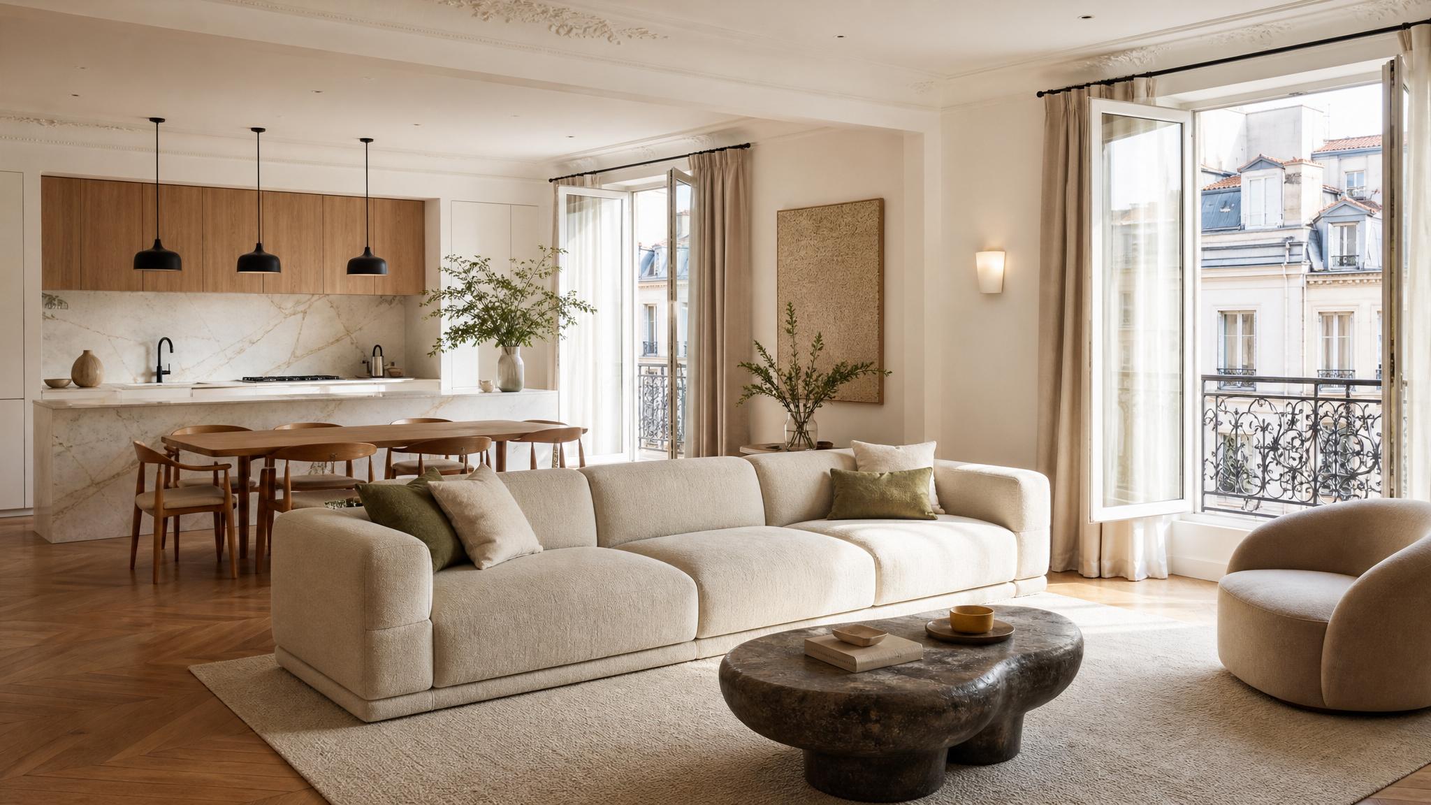 Elegant Parisian open-plan living room featuring natural light and minimalist decor.