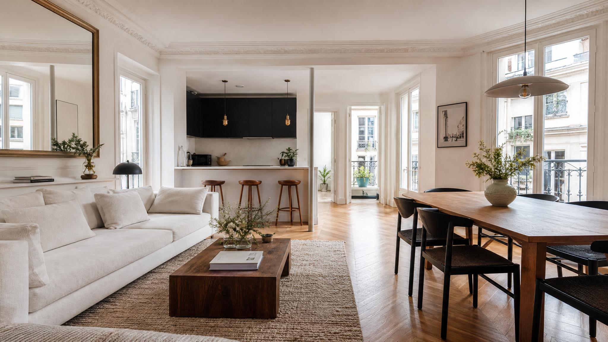 Functional living and dining space in a Parisian open-plan design showing space efficiency.