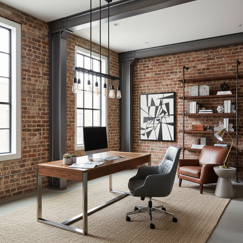 Image of a modern industrial-style home office with exposed brick walls and steel accents.