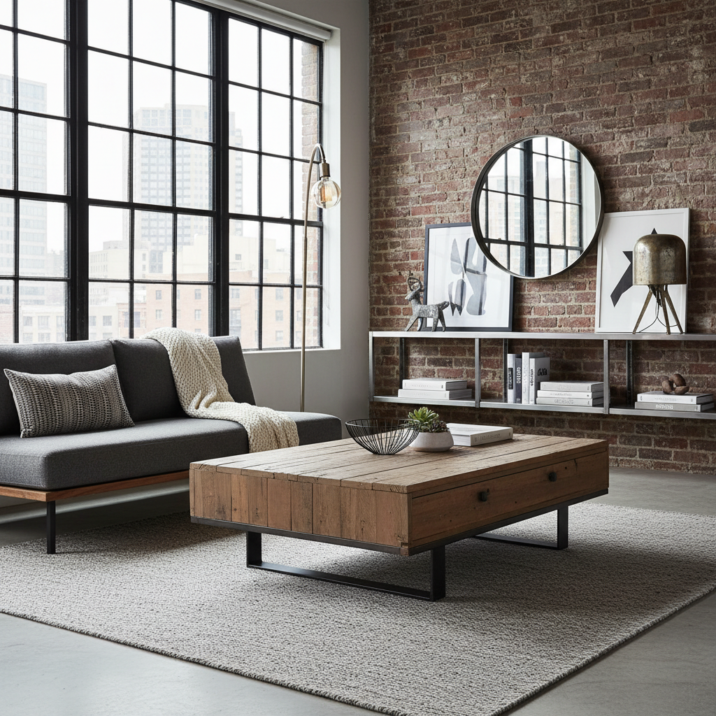 Image of industrial-style furniture and decor with a focus on minimalist design.