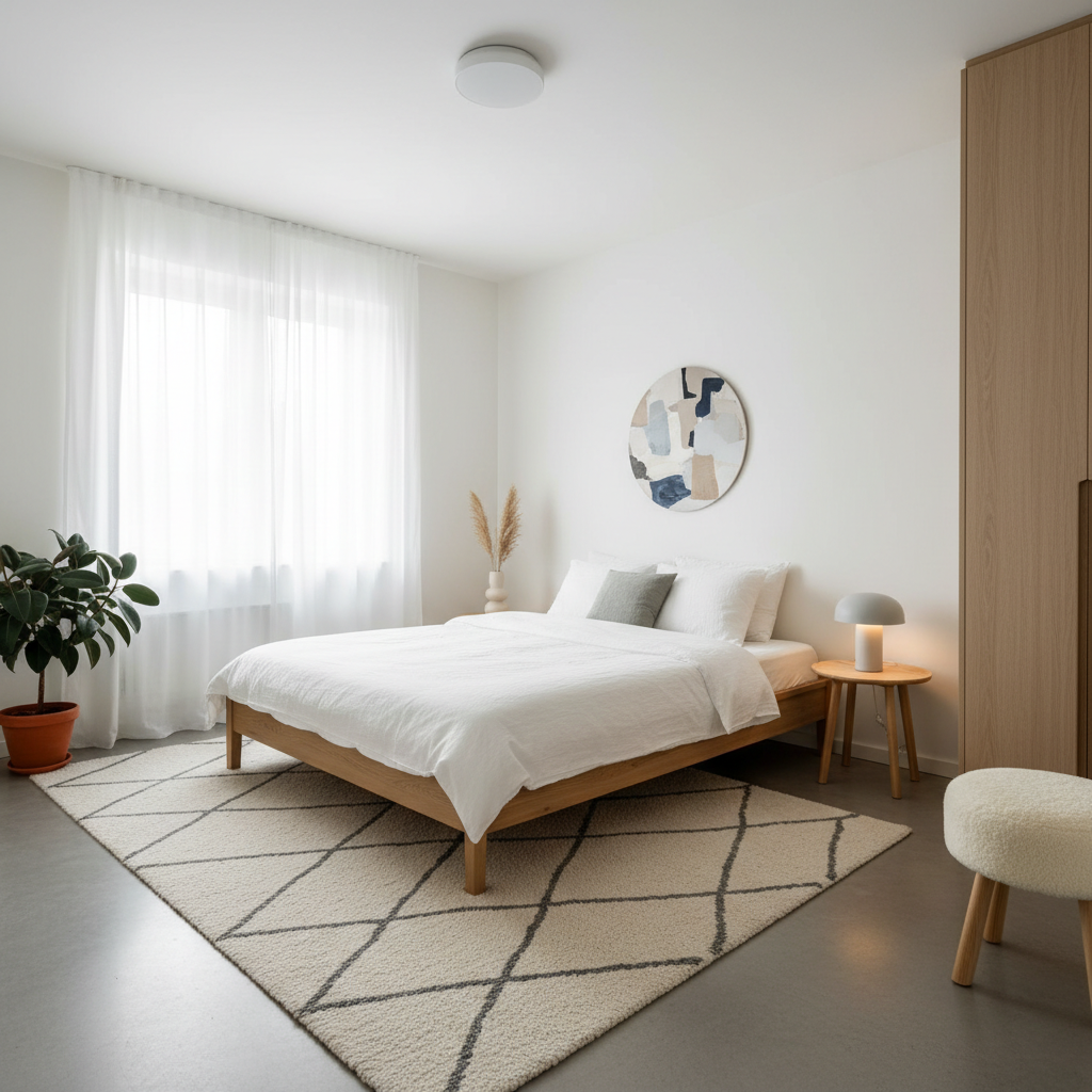 Beautiful Scandinavian bedroom with minimalist decor and natural lighting