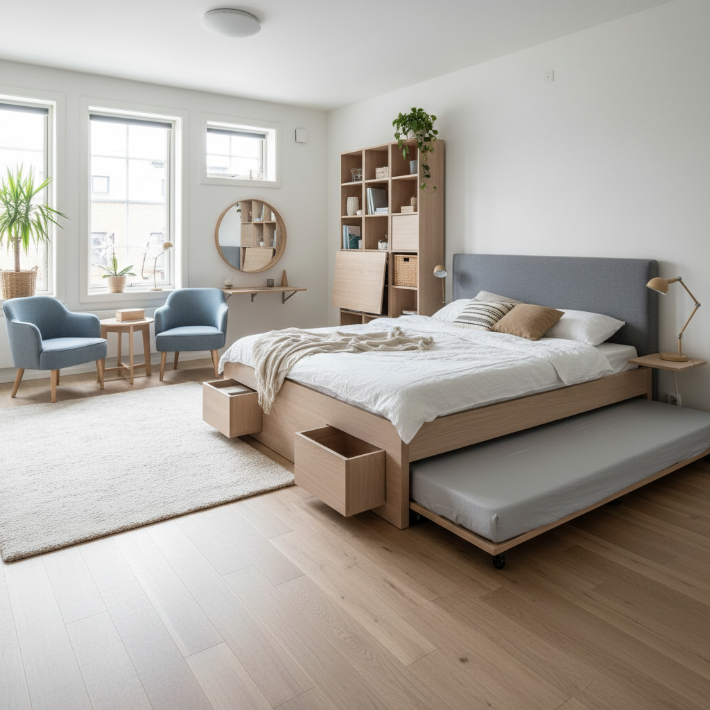 AI-generated Scandinavian bedroom design showcasing versatile furniture