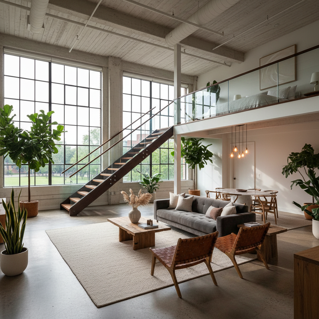 A beautifully staged loft interior showcasing natural lighting and spacious layout.