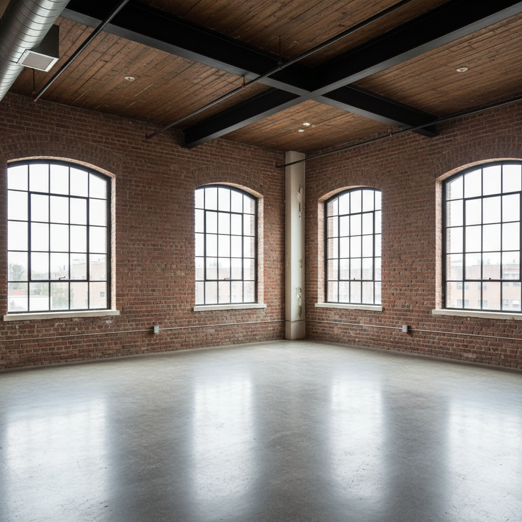 Before and after comparison of loft interior staging using virtual staging tools.