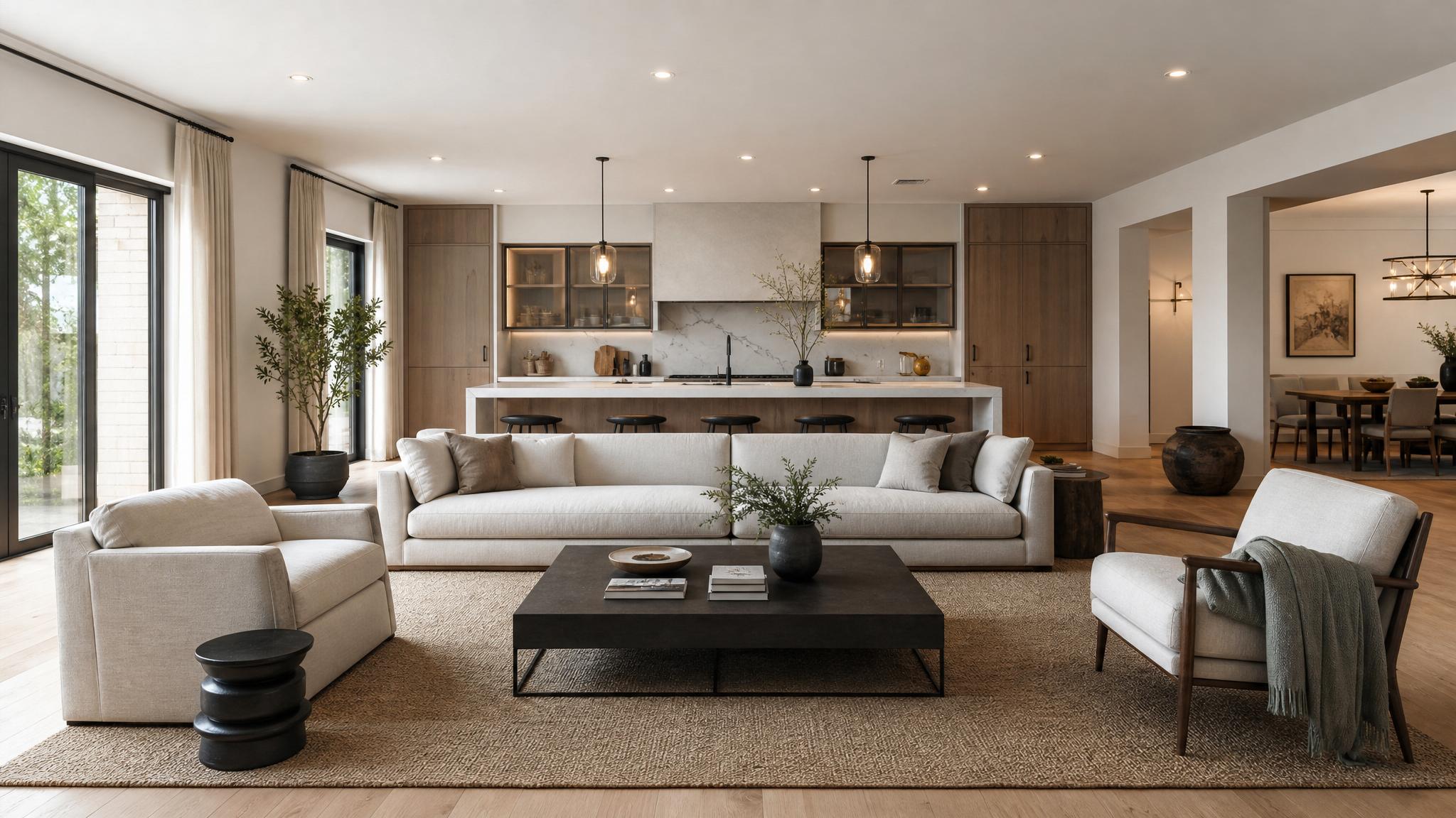 Chic seating hub layout in quiet luxury open-plan living room