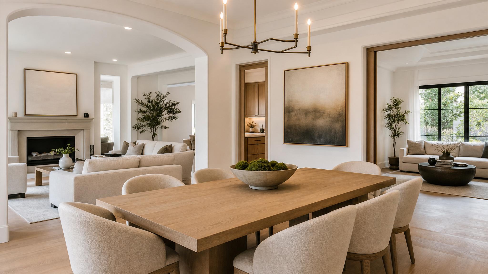 Elegant dining connection layout in quiet luxury open-plan living room