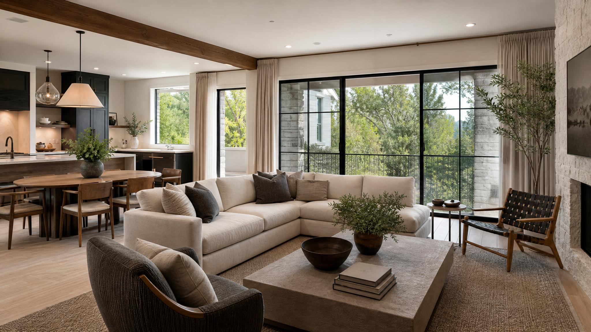 Modern textured layering in a quiet luxury open-plan living room