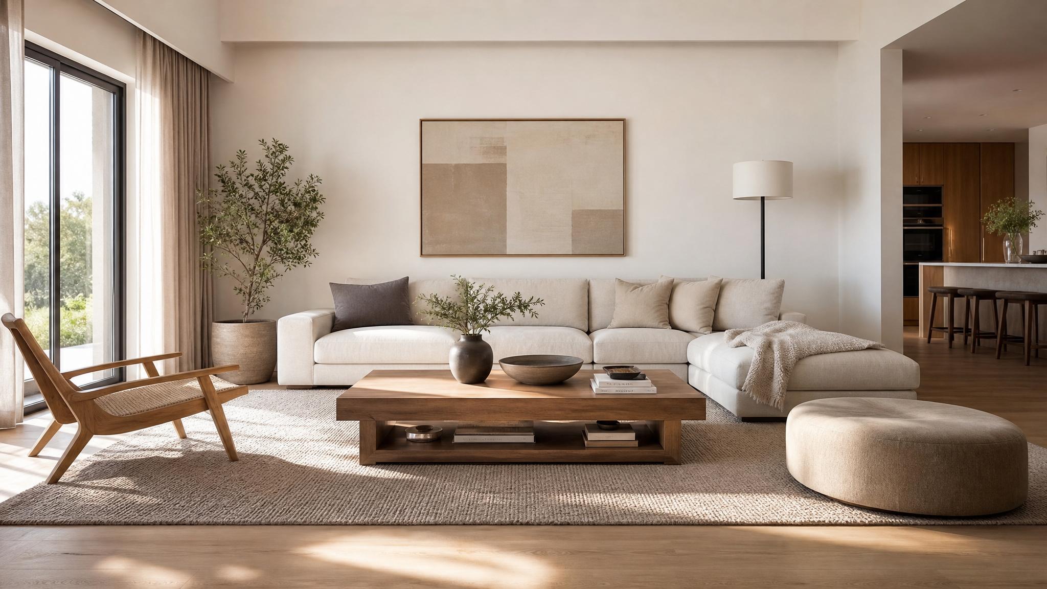 Example of a minimalist living room with neutral colors and functional furniture.