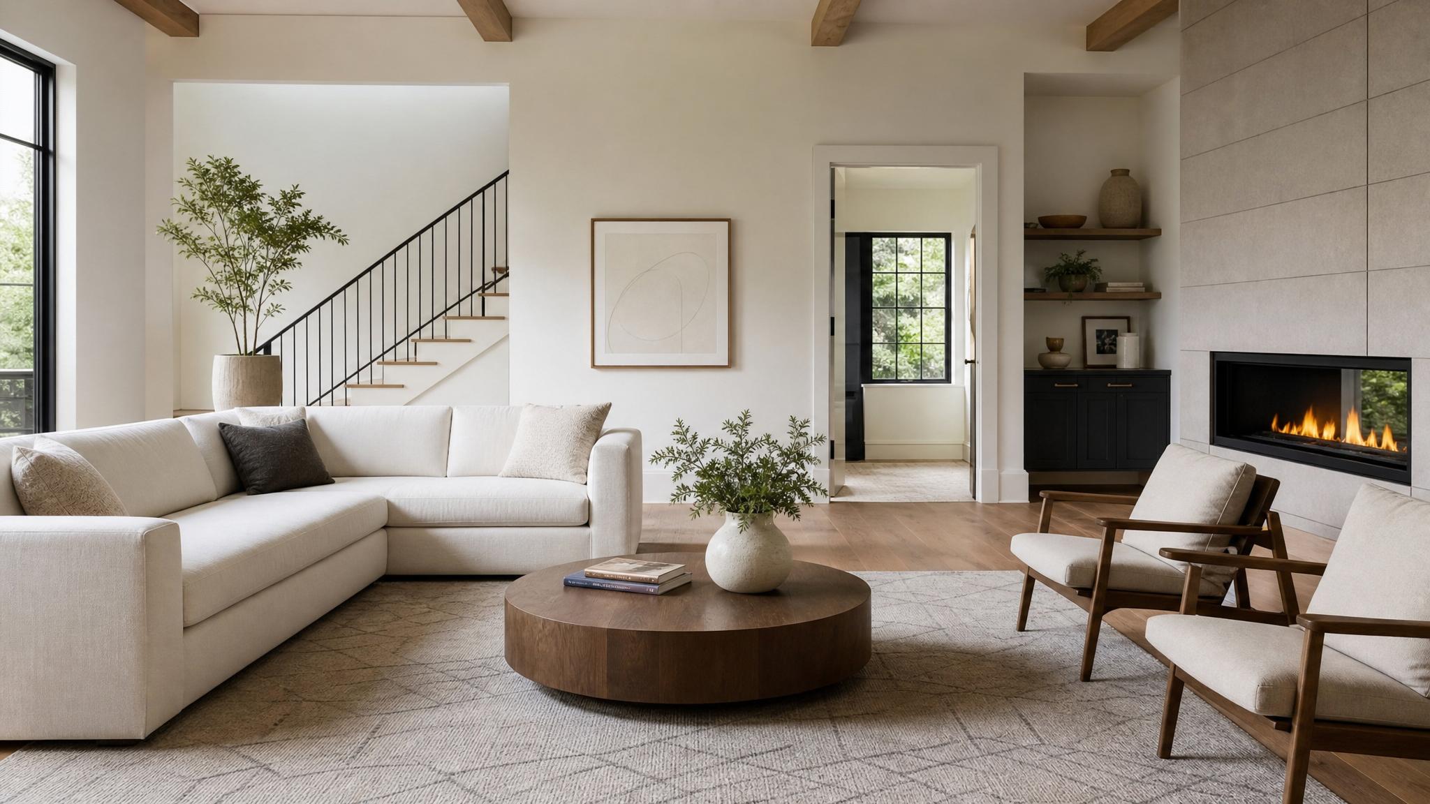 Stylish minimalist decor elements and lighting in a living room.