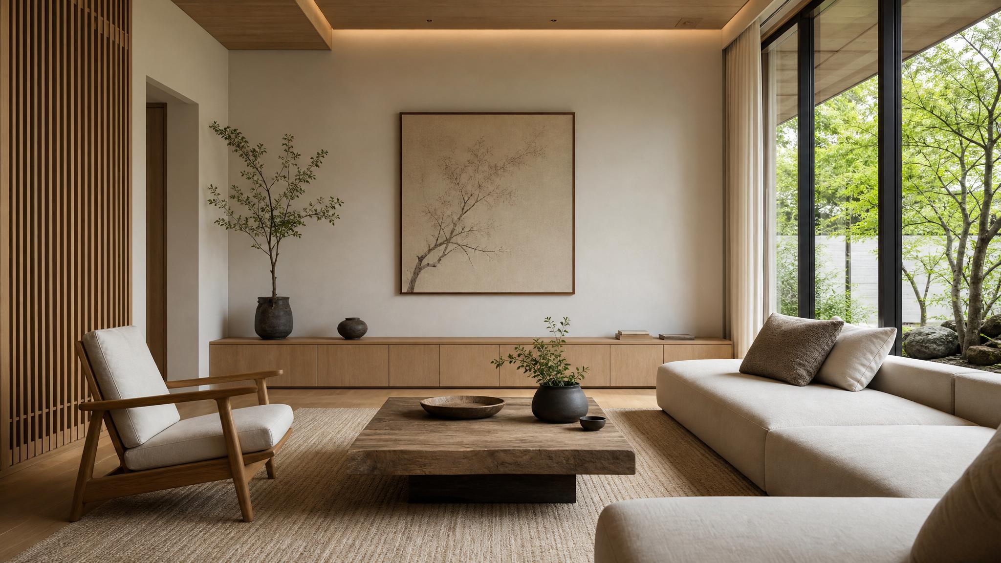 A serene Japandi living room showcasing a minimalist aesthetic.
