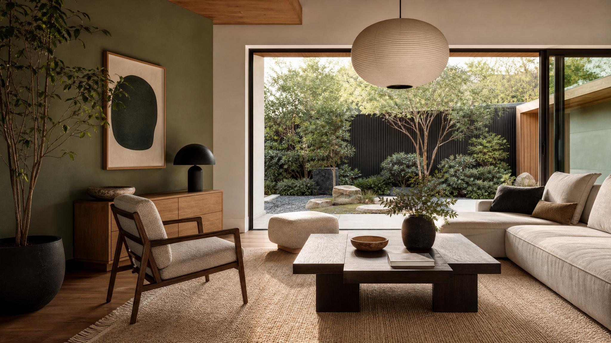 Examples of Japandi color combinations in living room designs.