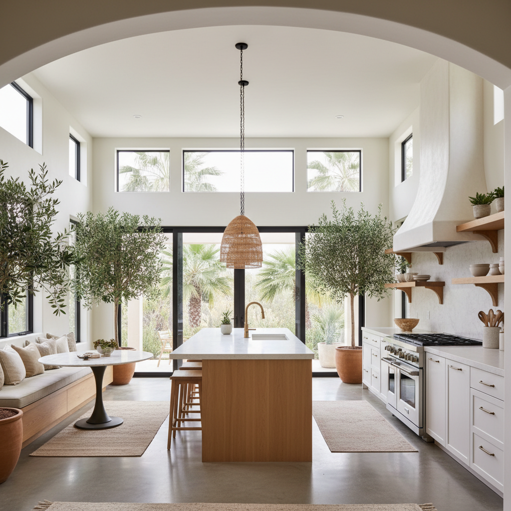 Modern kitchen design showcasing California-style with open space and natural light.