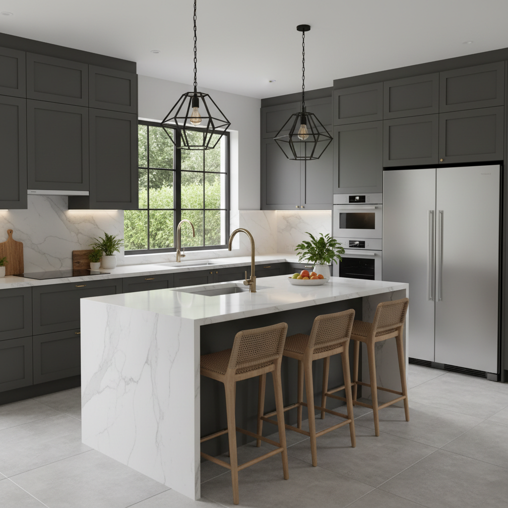 AI-generated image of a kitchen featuring an island, marble countertops, and modern appliances.