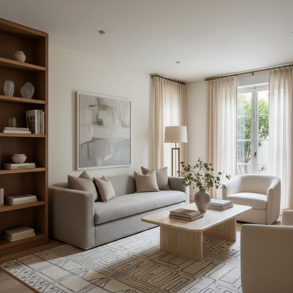A serene small living room showcasing quiet luxury elements like muted colors and high-quality materials.