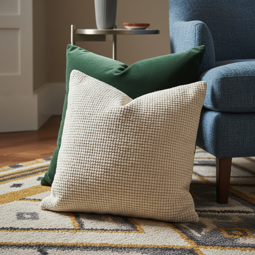 Close-up of textured elements like pillows, rugs, and upholstery that create a luxurious feel.