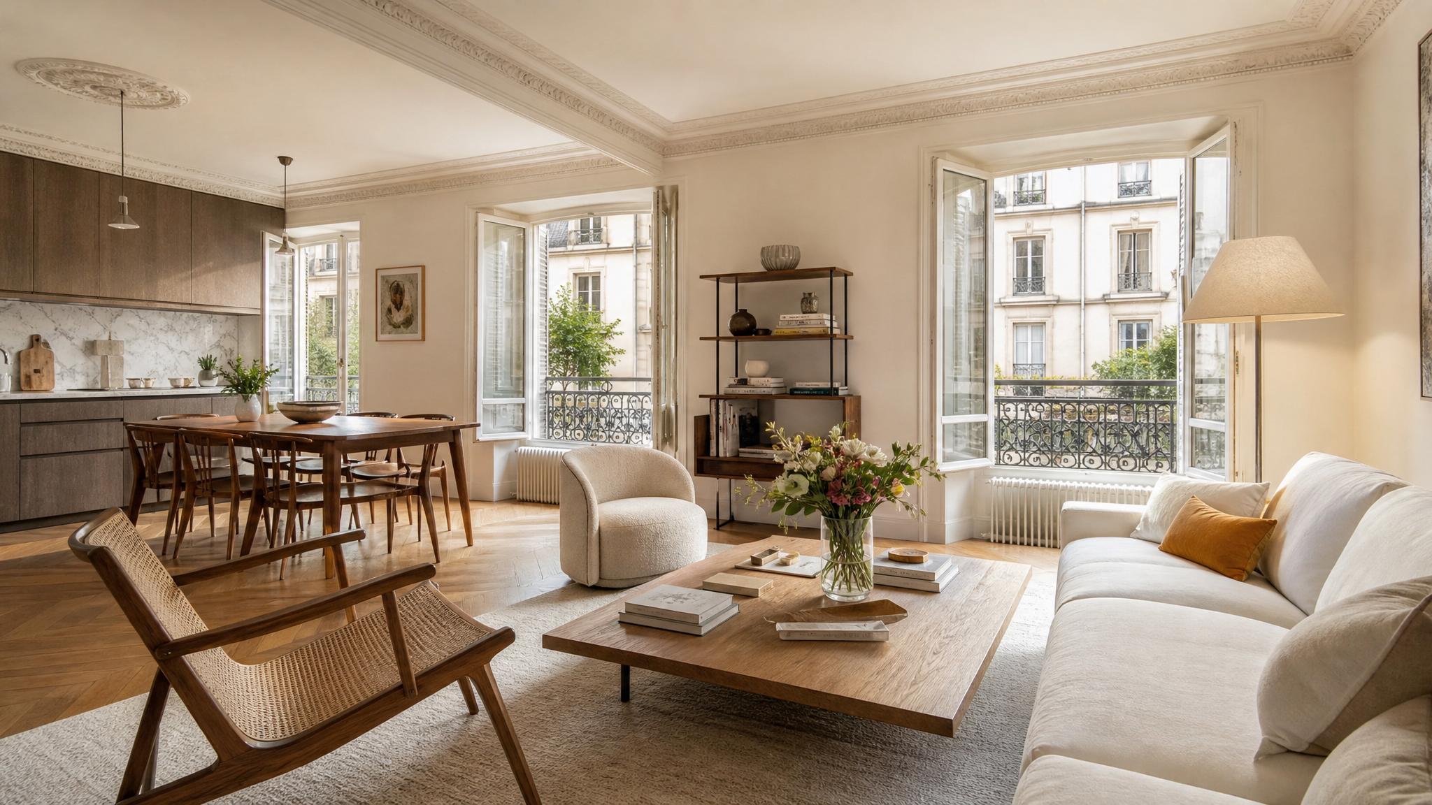 Stylish Parisian open-plan living room