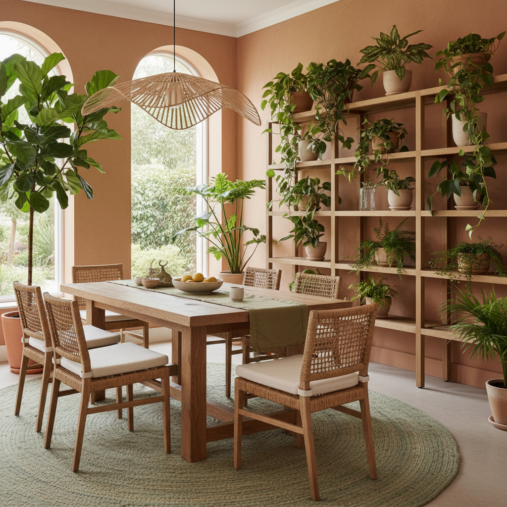 Biophilic dining room inspiration with plants, natural materials, and earthy tones.