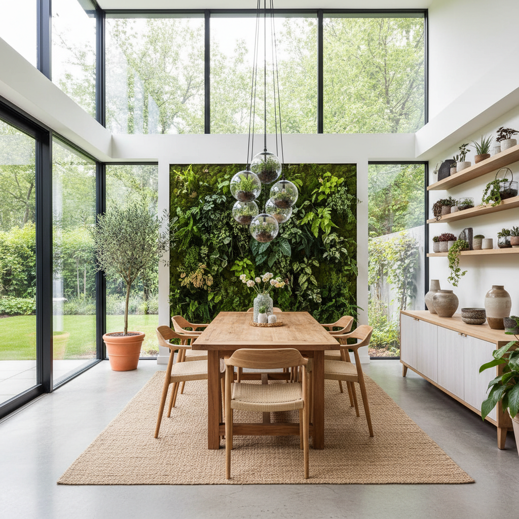Modern biophilic dining room layout with natural light and greenery.