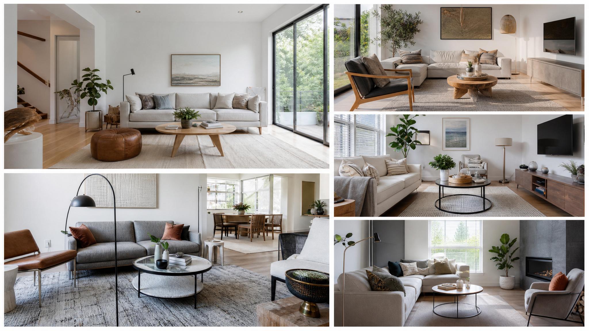 Collage of different small contemporary living room layouts