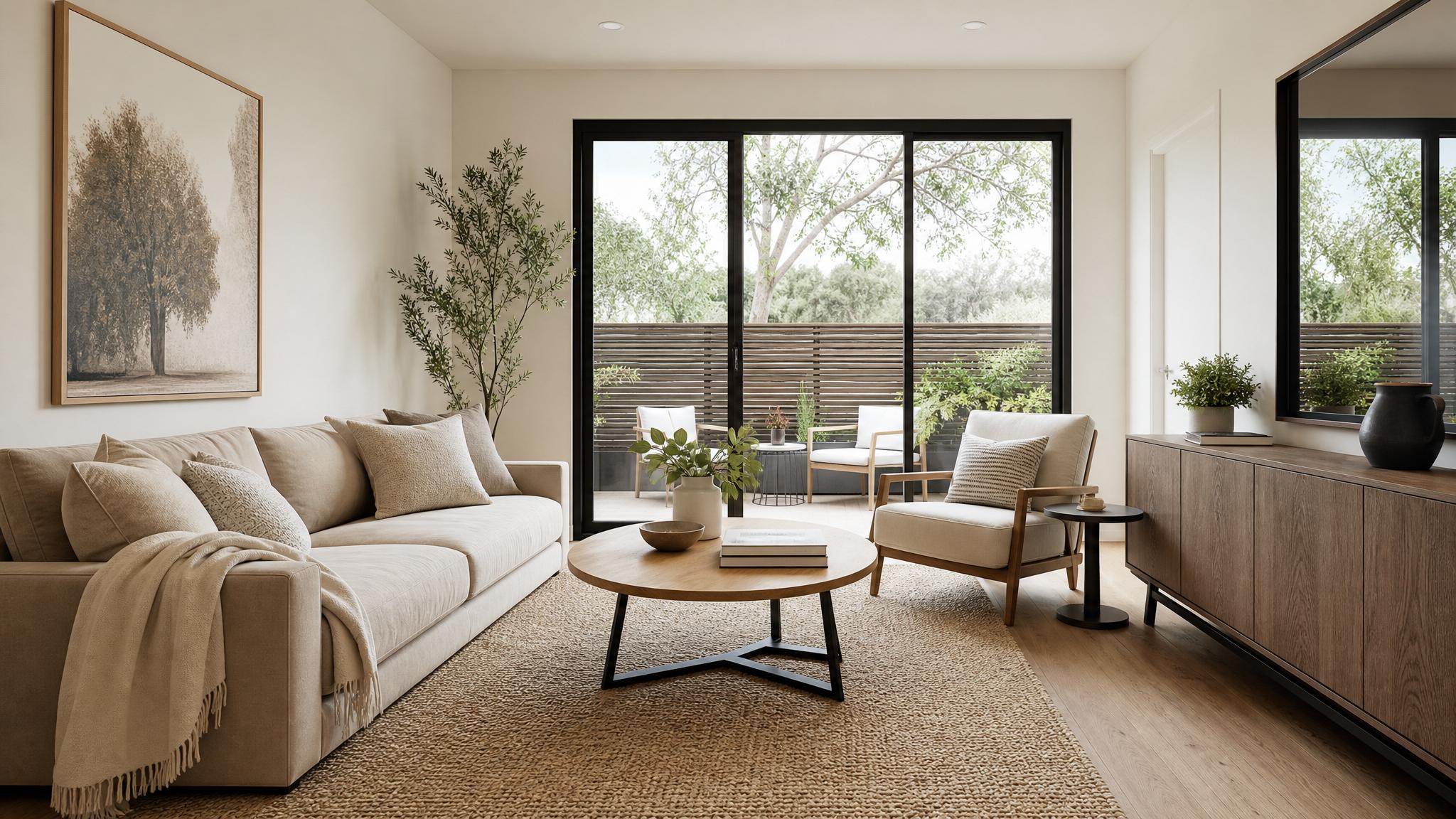 A tranquil small living room with a minimalist layout.