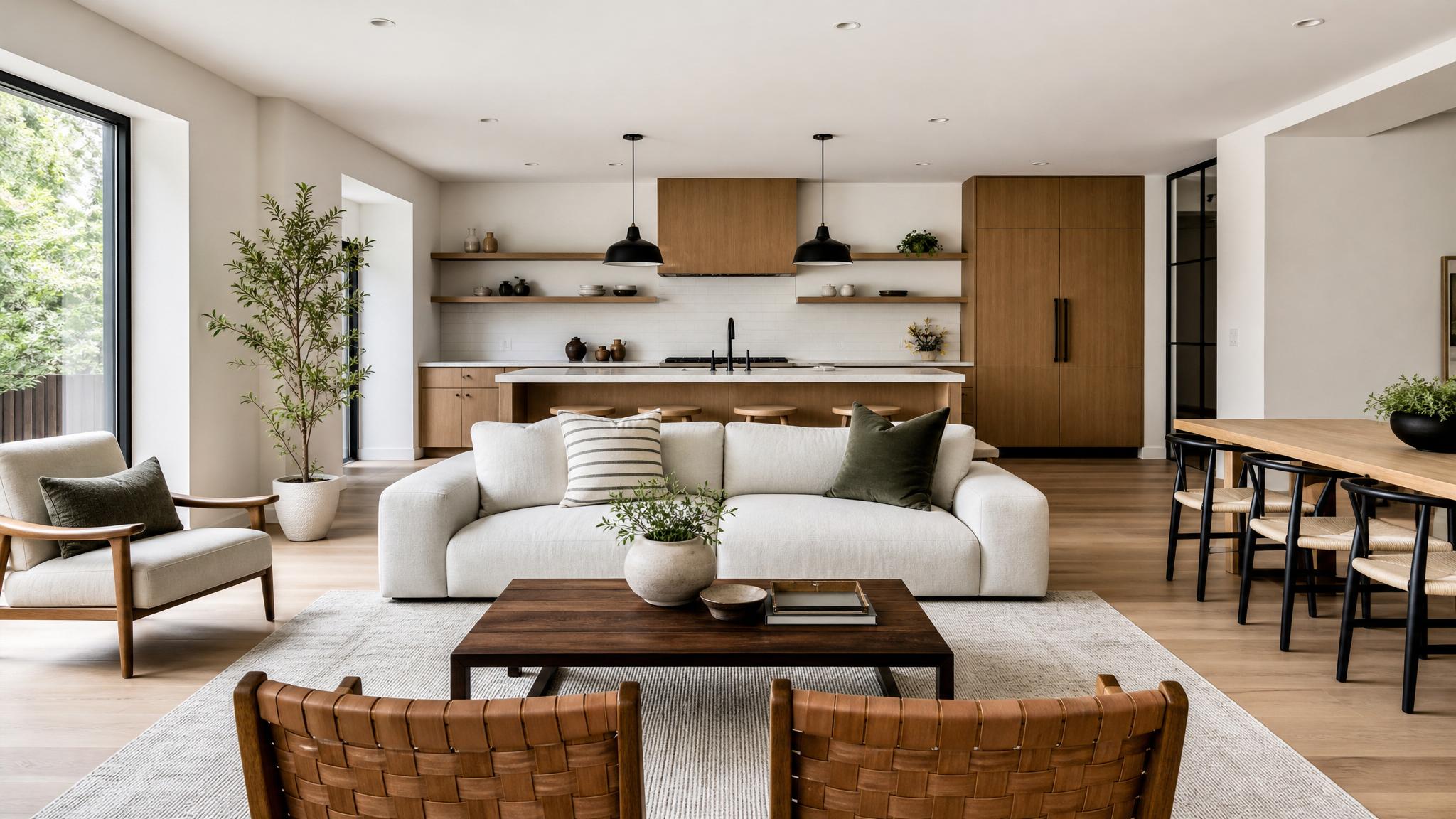 An open space layout showcasing minimalist furniture.