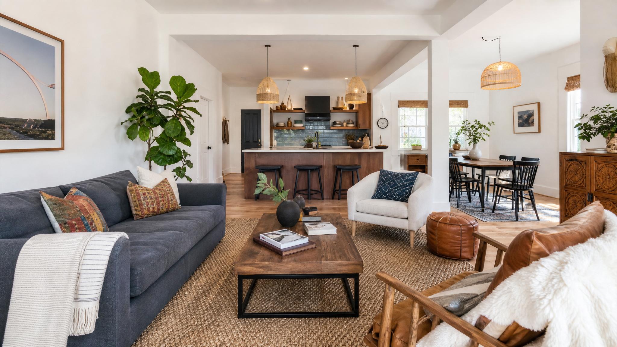 Eclectic open-plan living room showcasing a mix of furniture styles and colors