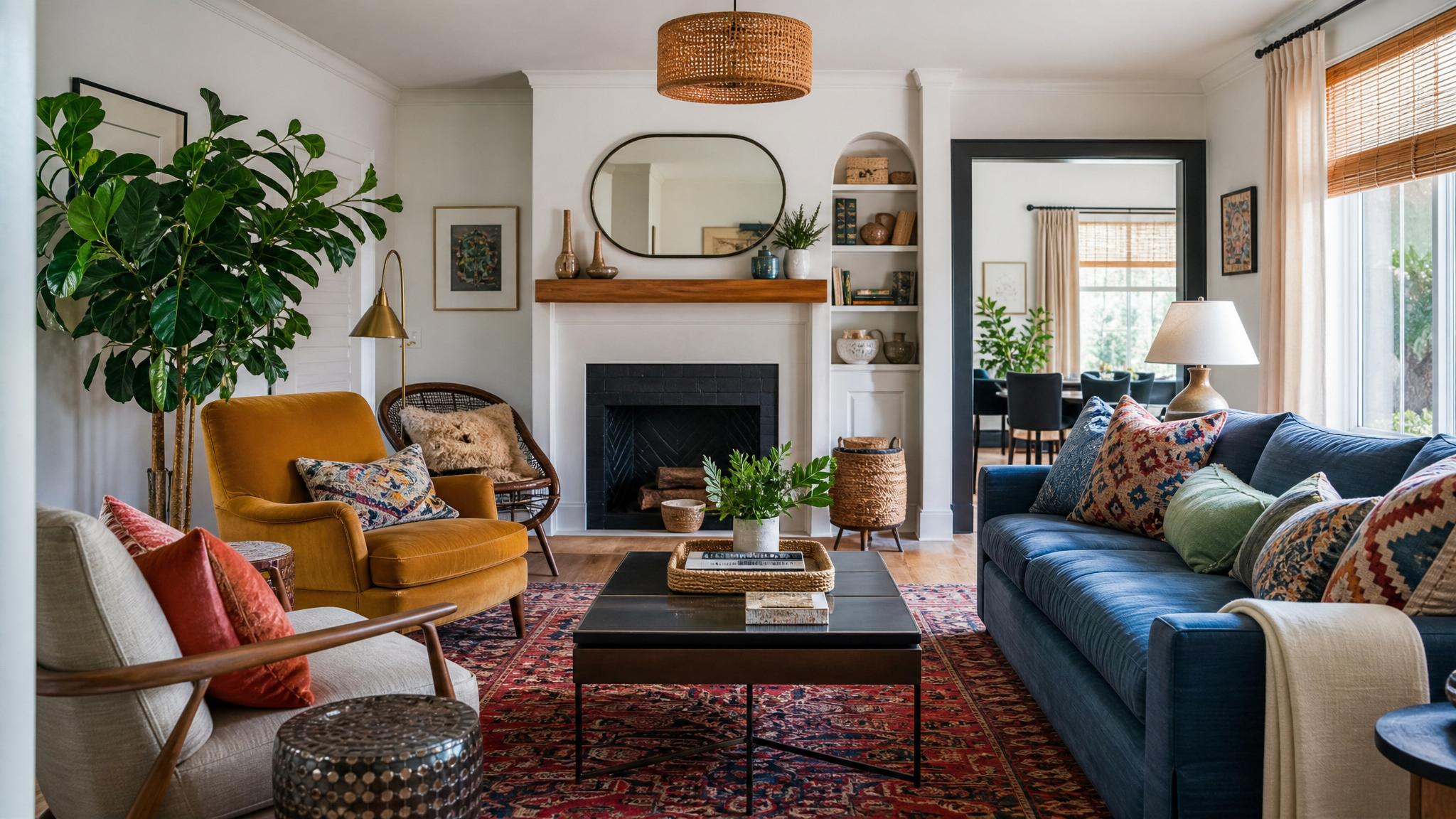 Colorful eclectic living room with various textures and patterns