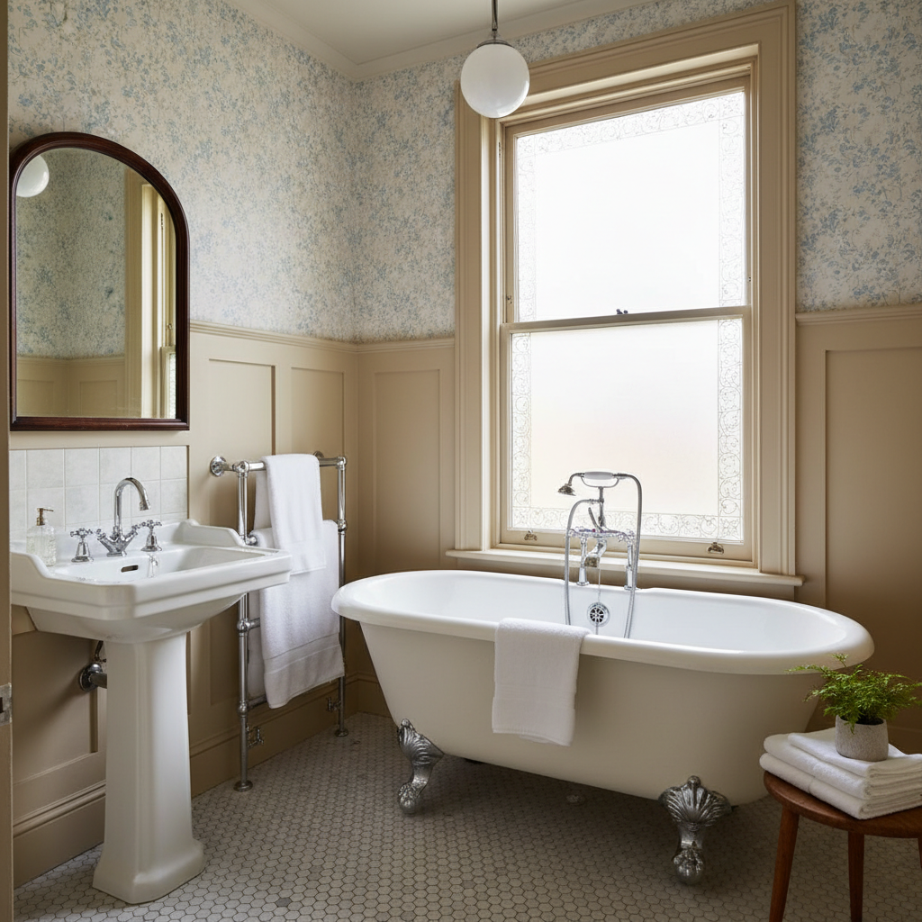 Image of a traditional small bathroom with a clawfoot tub and vintage features