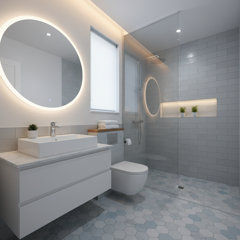 Wide-angle shot of a small bathroom to show depth