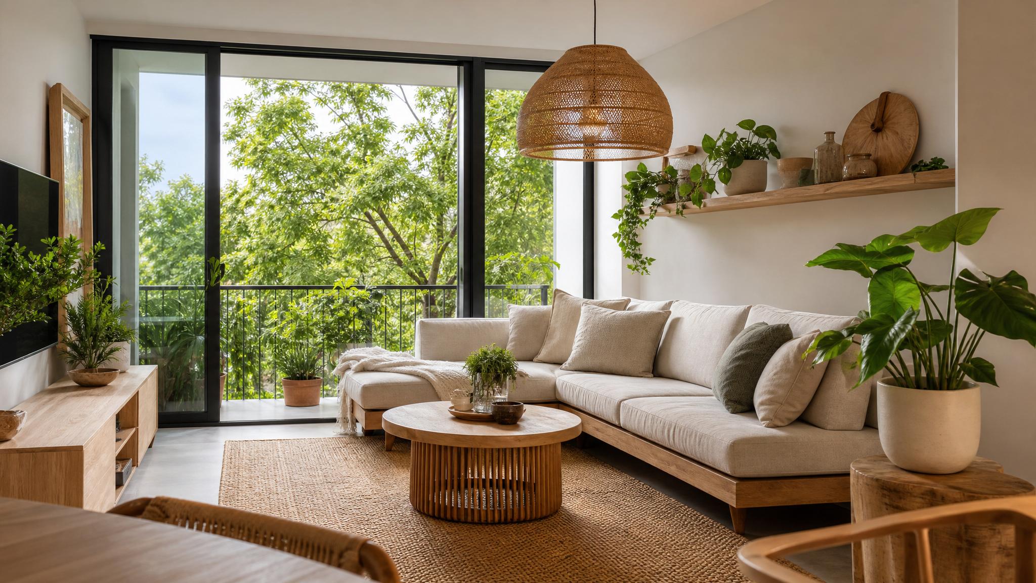 Examples of biophilic small living room designs with plants and natural materials.