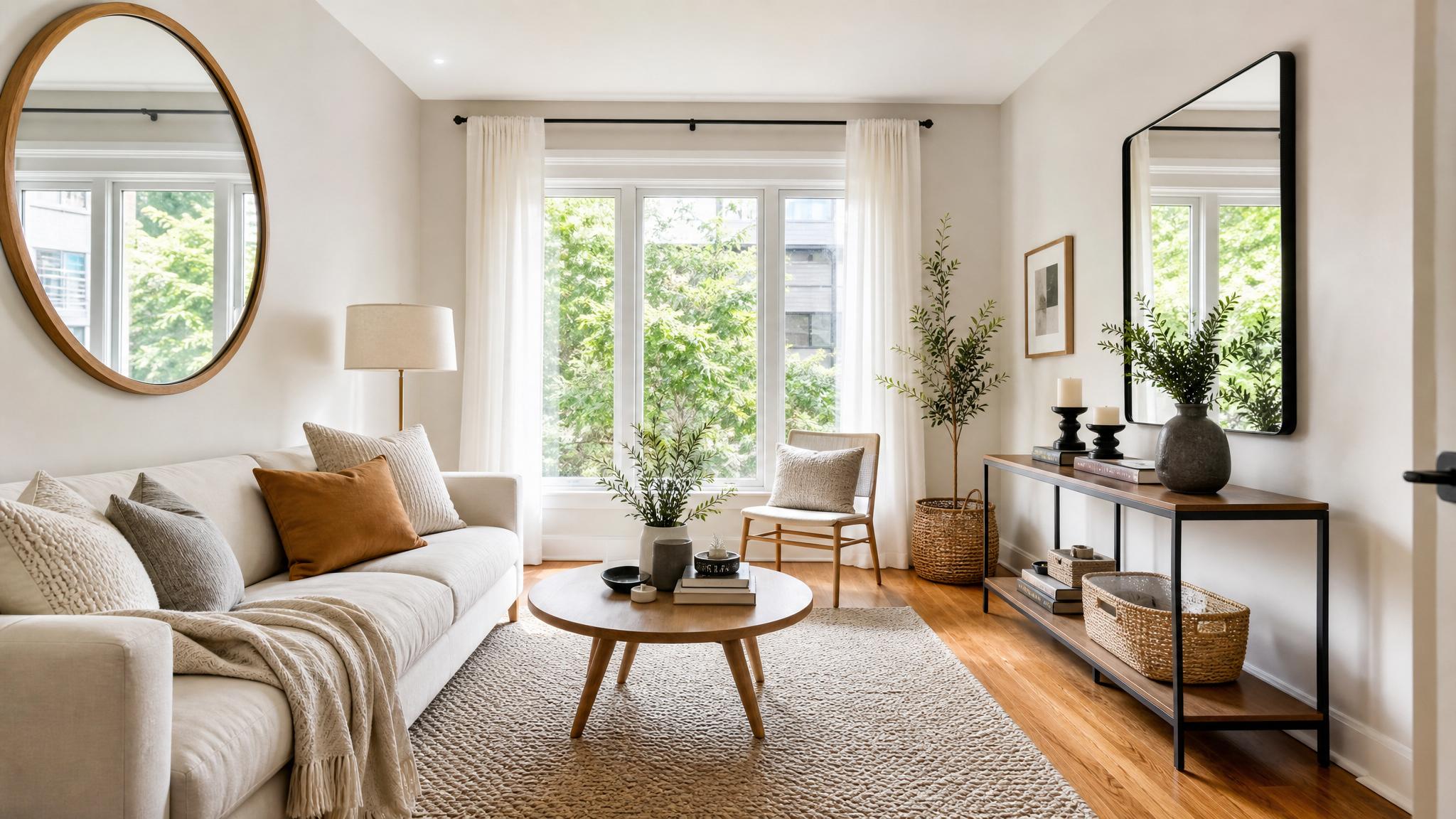 Visuals of small living rooms with ample natural light and well-placed mirrors.