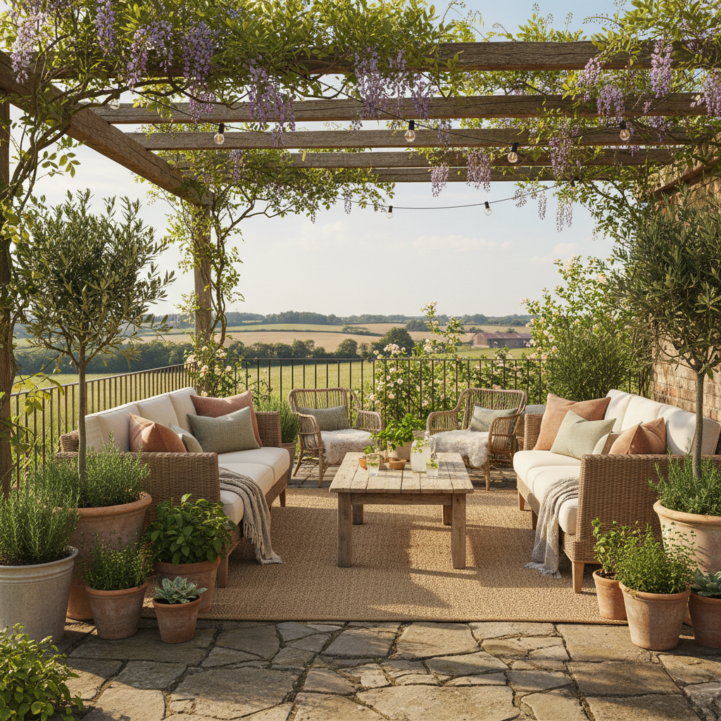 A visual representation of a cozy farmhouse terrace with plants and rustic furniture.