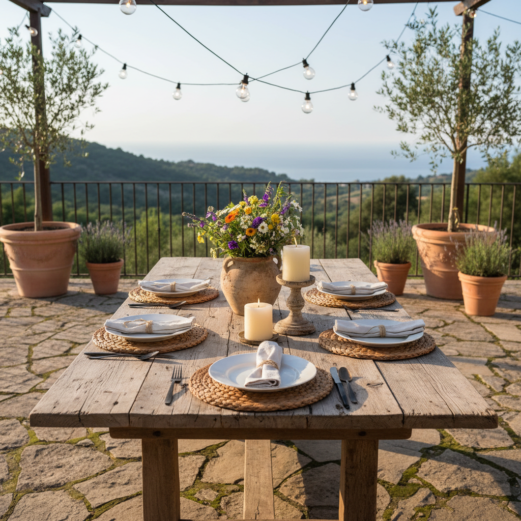 A close-up view of a wooden dining table set up on a terrace with rustic decor.