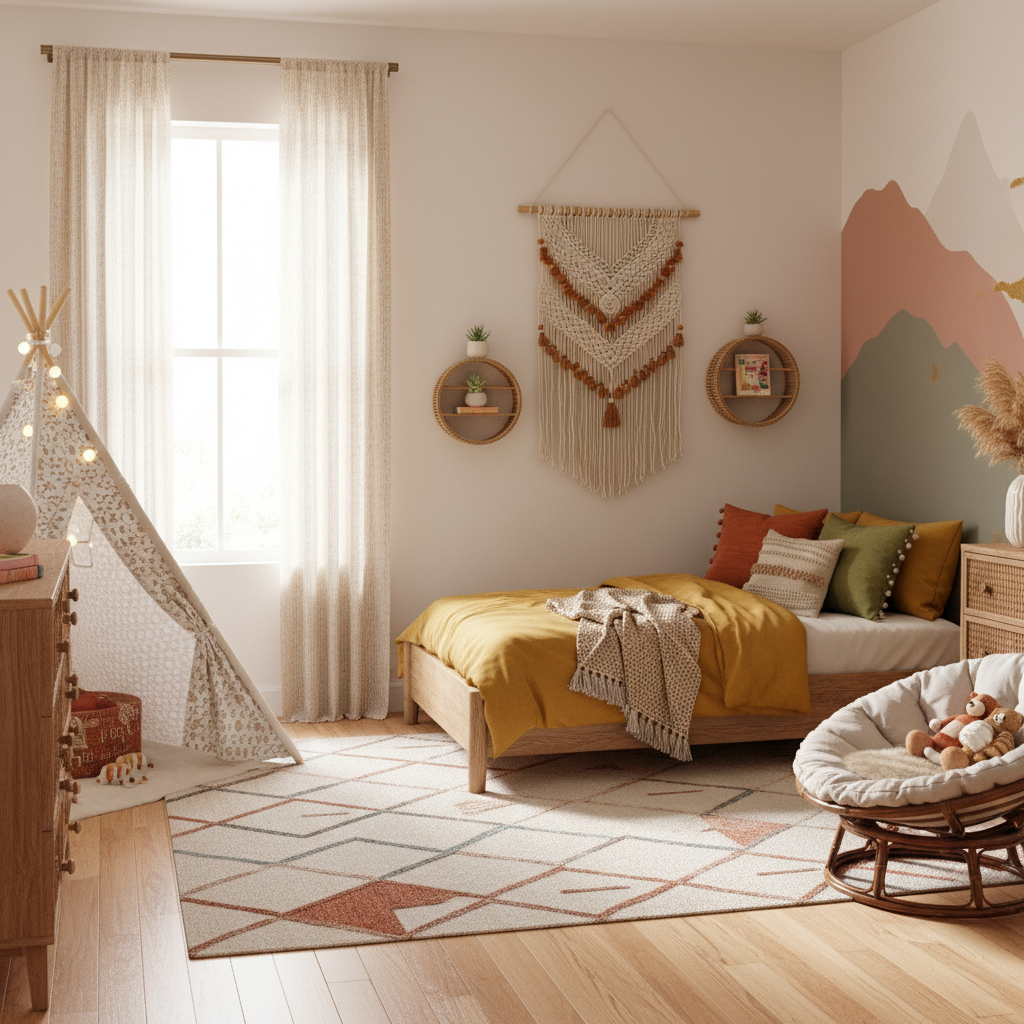A color palette inspired by bohemian decor for a kids' bedroom.
