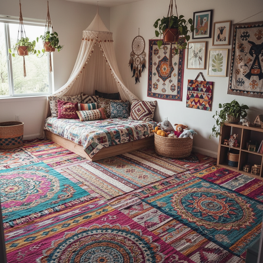 A bohemian-themed kids bedroom with layered rugs and vibrant patterns.