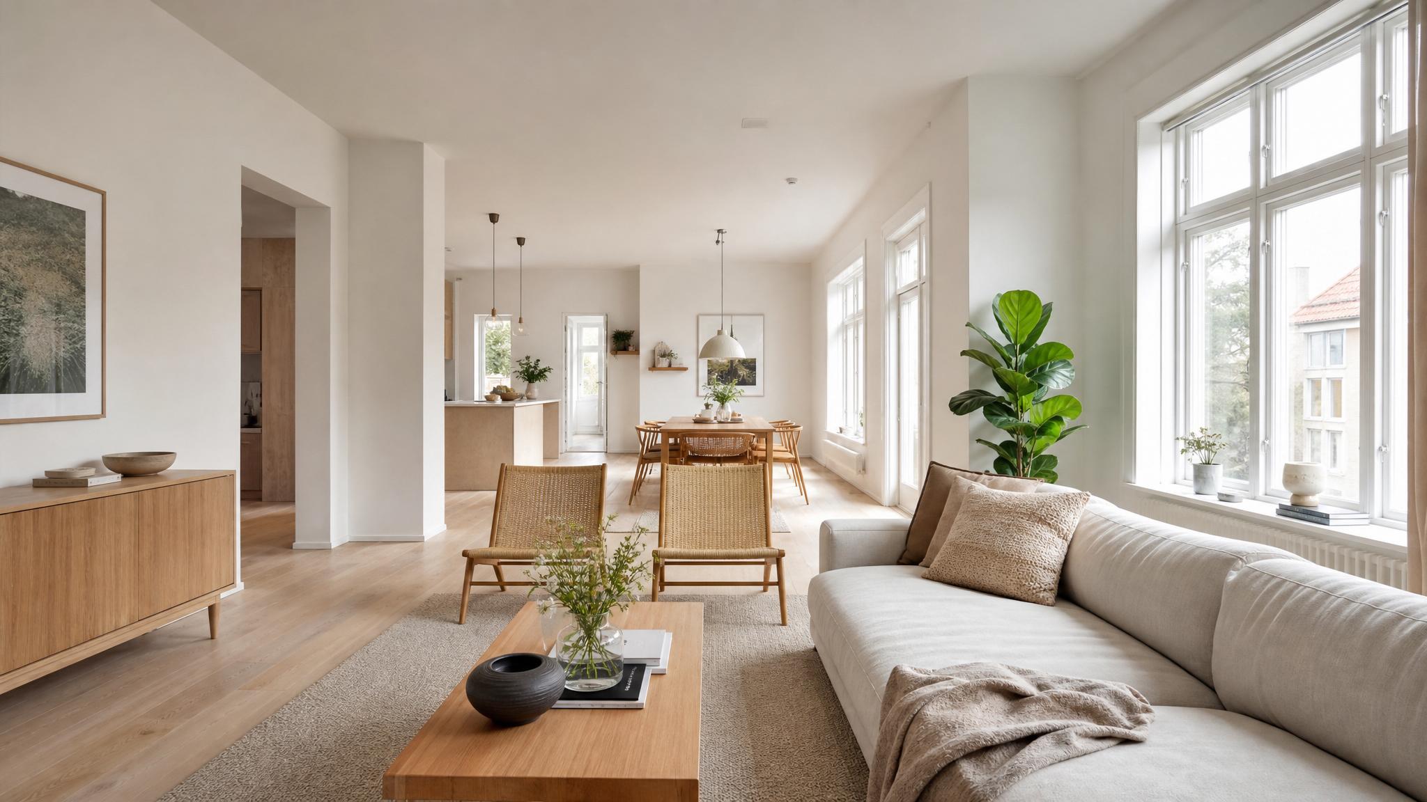Image of a bright Nordic-style open-plan living room with neutral decor.