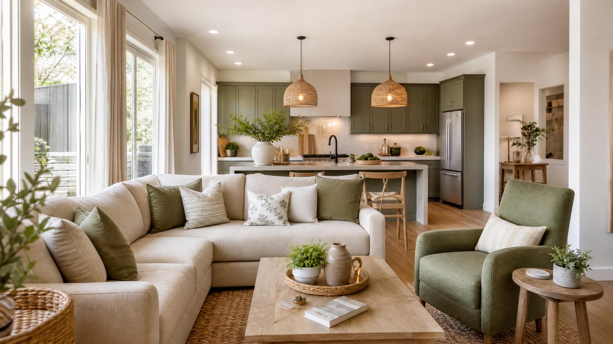 Image of an inviting open-plan living room featuring beige and sage green decor.