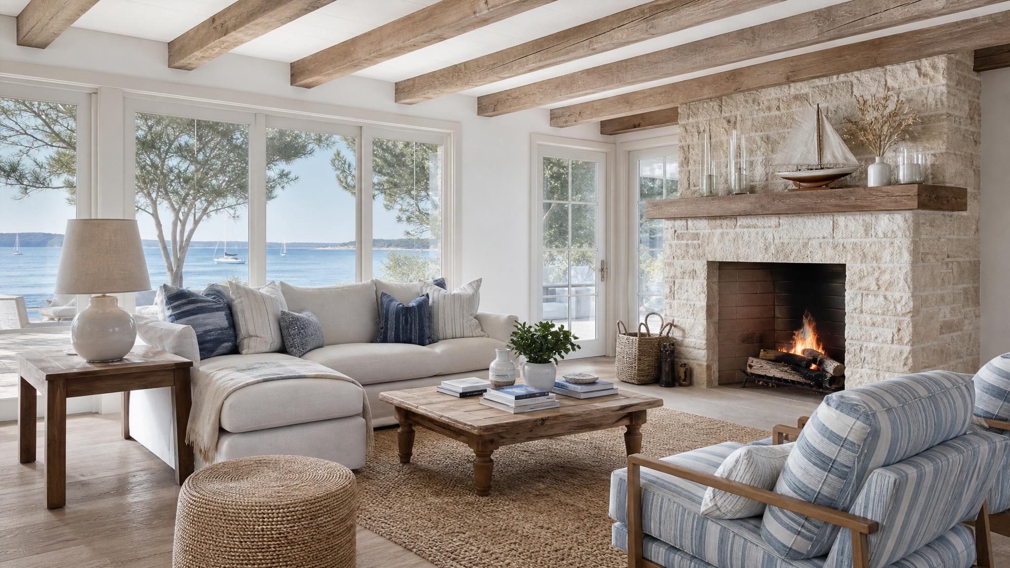 Beautiful coastal living room with nautical decor
