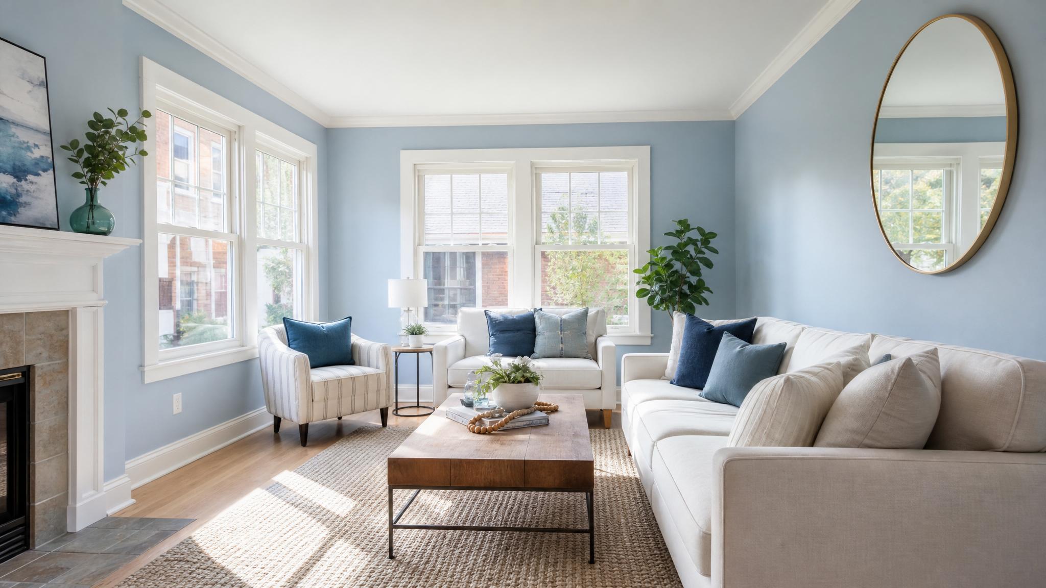 Bright small living room with soft blue and white colors