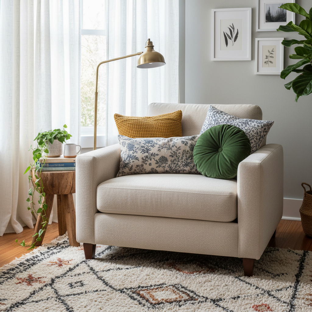 A well-decorated reading nook with throw pillows and a rug