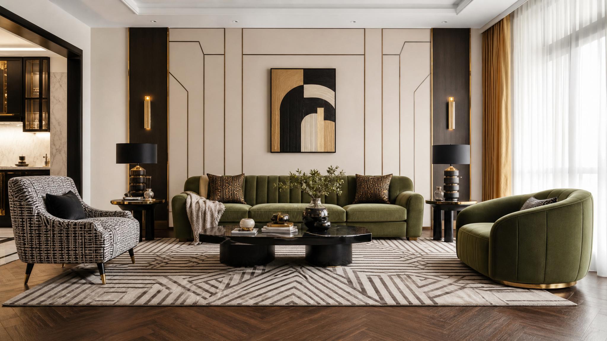 Art Deco inspired living room with geometric patterns
