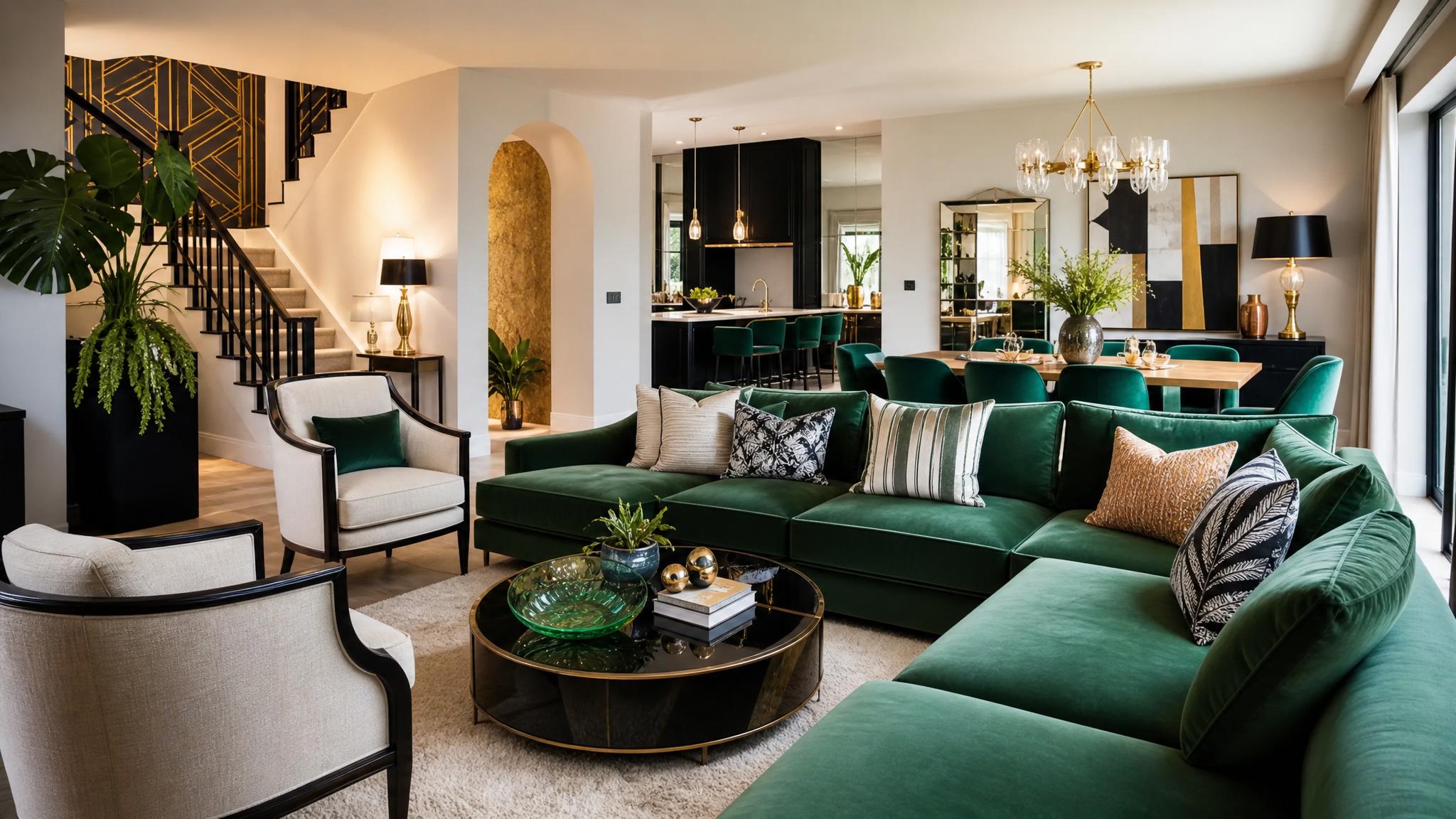 Open-plan living room layout with bold colors and art deco design elements