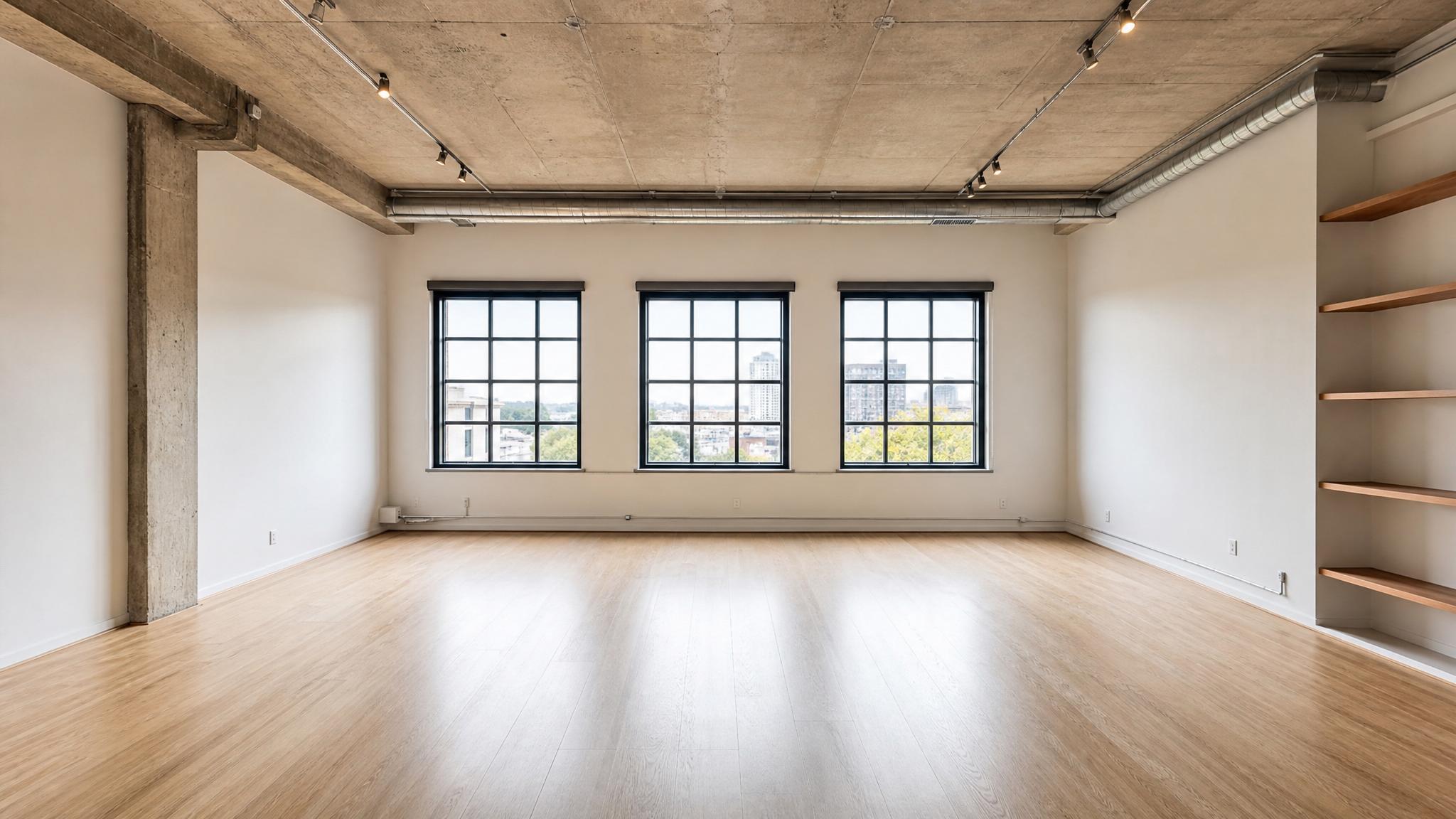 Before photo of a bland loft living room.