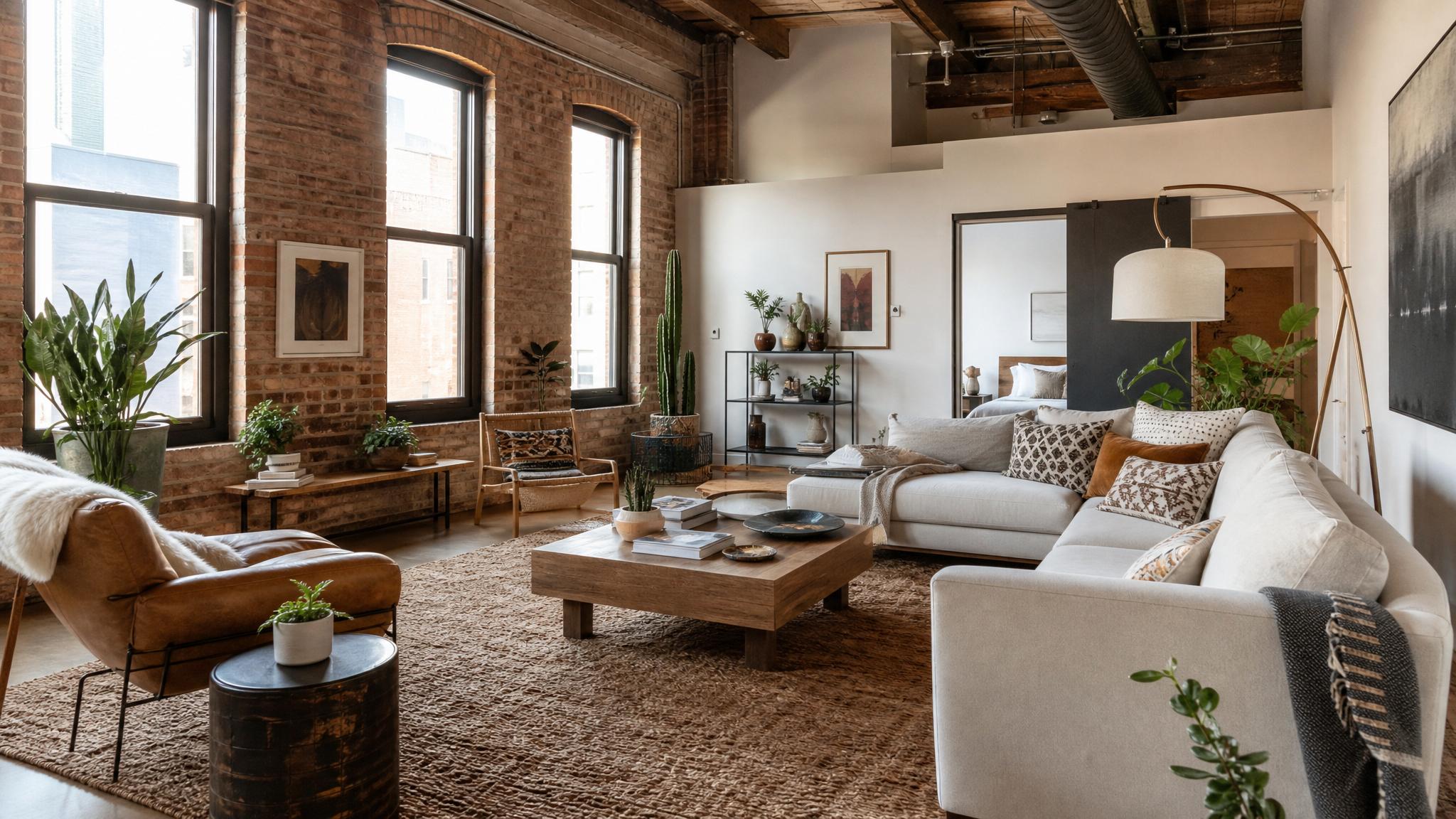 After photo showcasing the transformed bohemian loft living room.