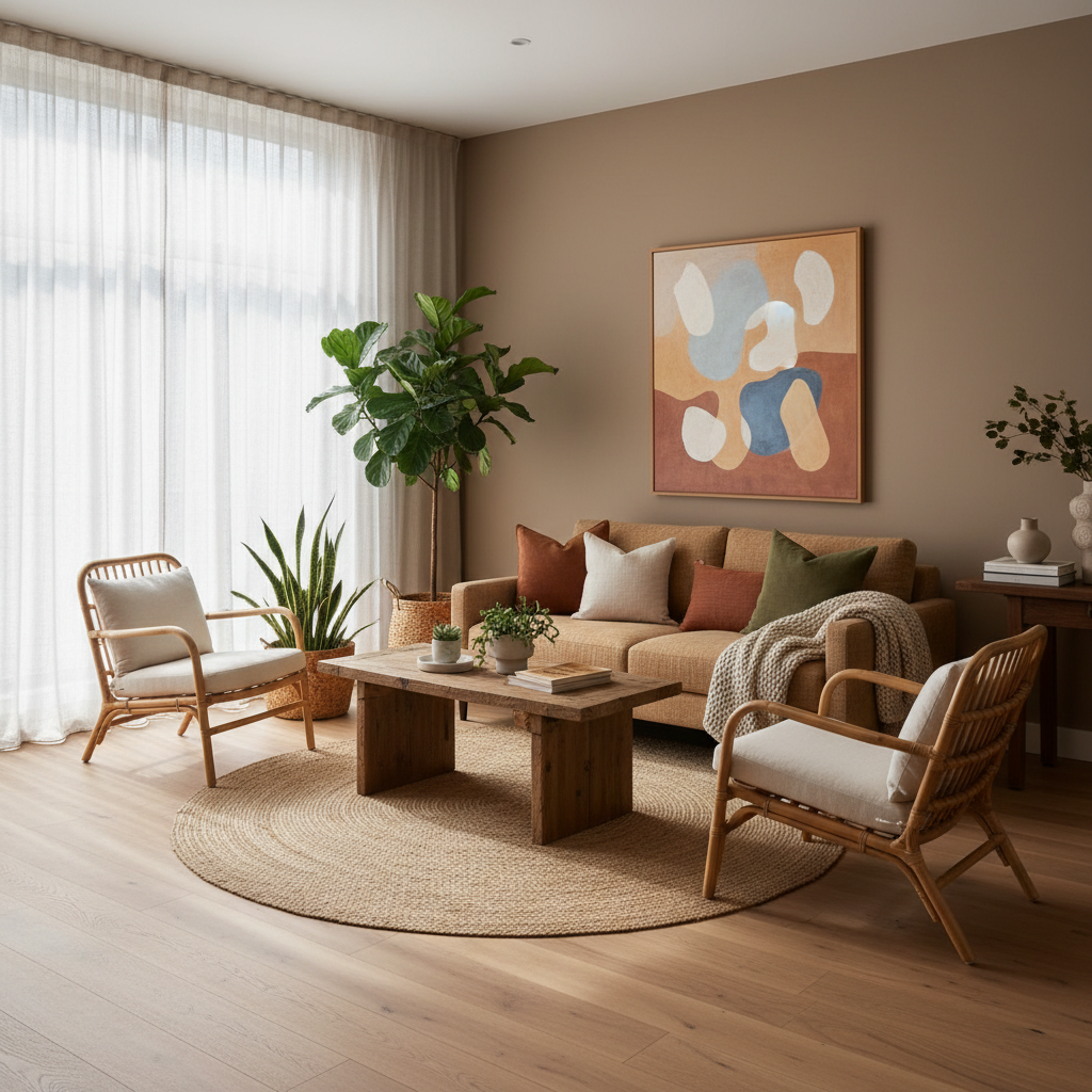 A modern small living room with plants, natural light, and earthy tones.